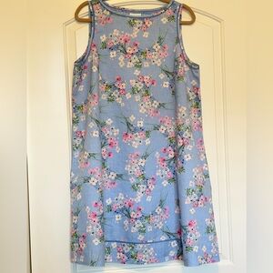J. Jill 100% Linen Dress in Blue with Pink Floral Pattern with Pockets